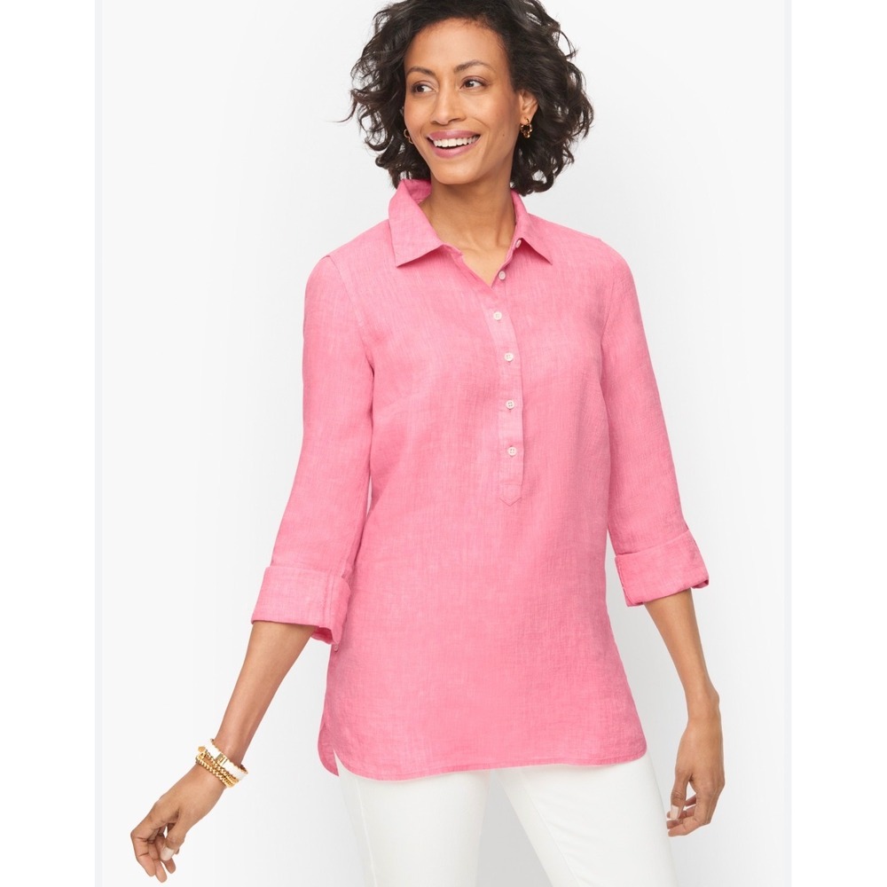 Talbots Linen Tunic Women Large Pink Coastal Roll Tab Sleeve Side Button Top
